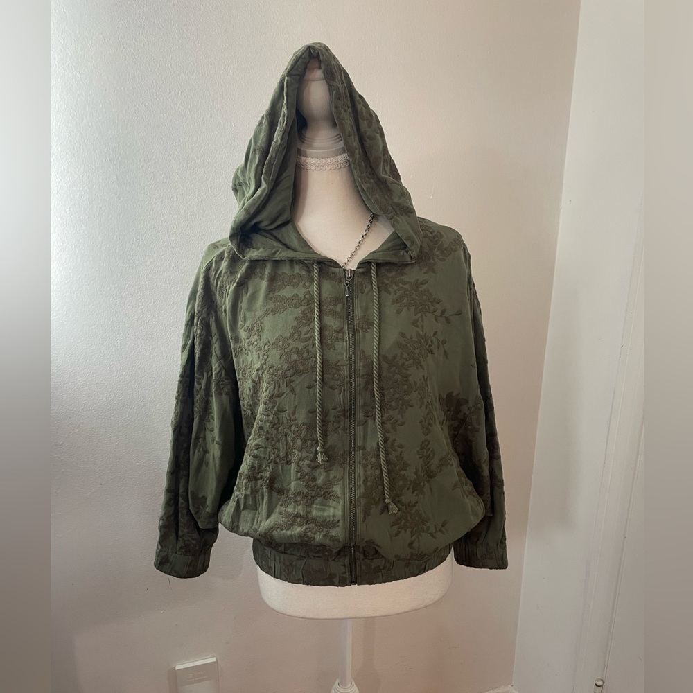 Olive Green Hooded Bomber Jacket with Tonal Floral Motif